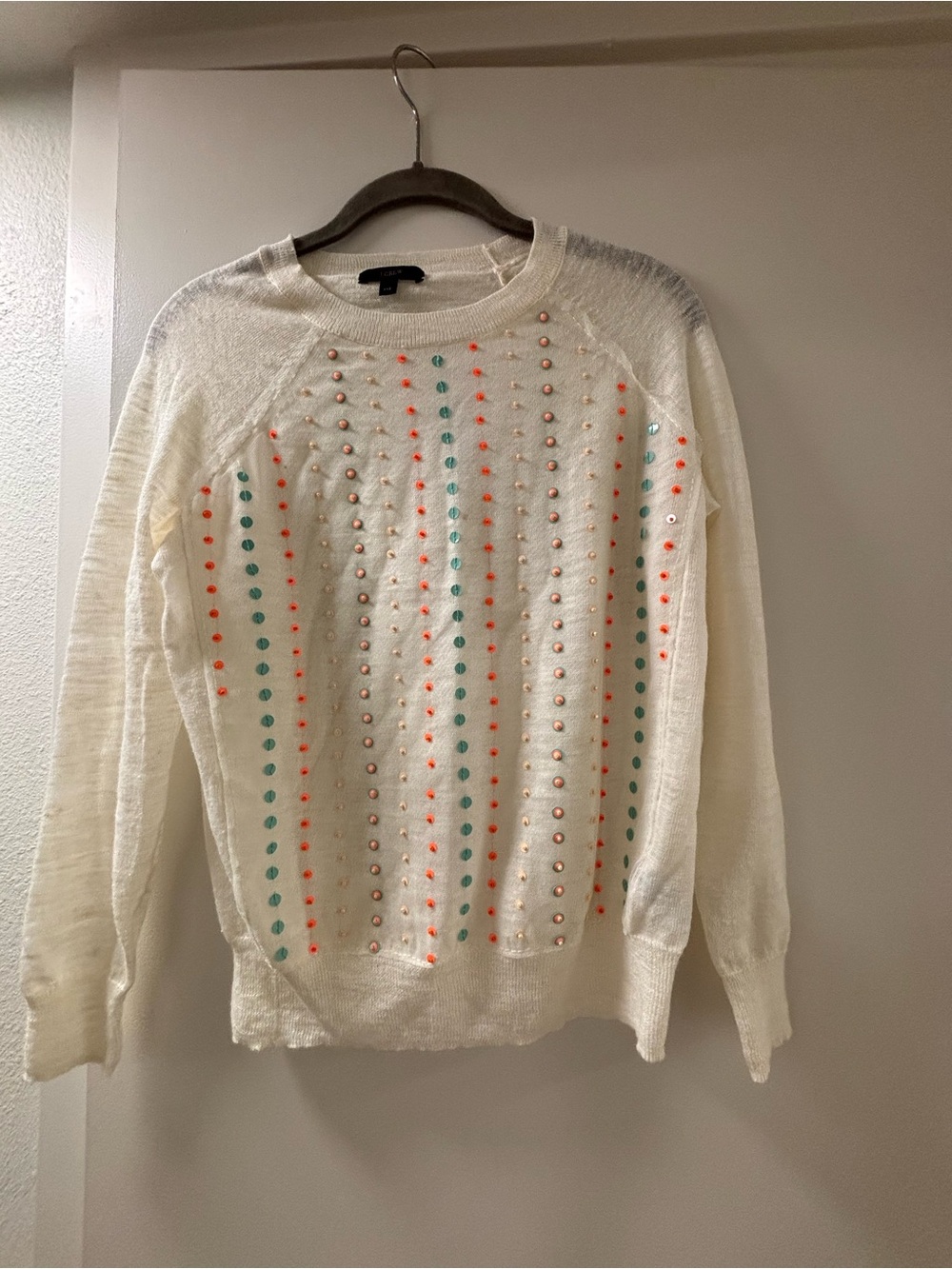 J. Crew Ivory Crewneck Sweater with Coral and Mint Studs